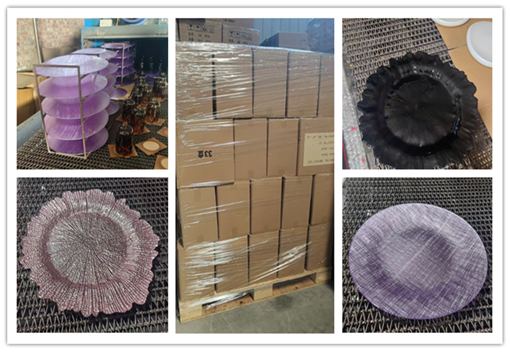 Glass charger plates drying on racks after coating