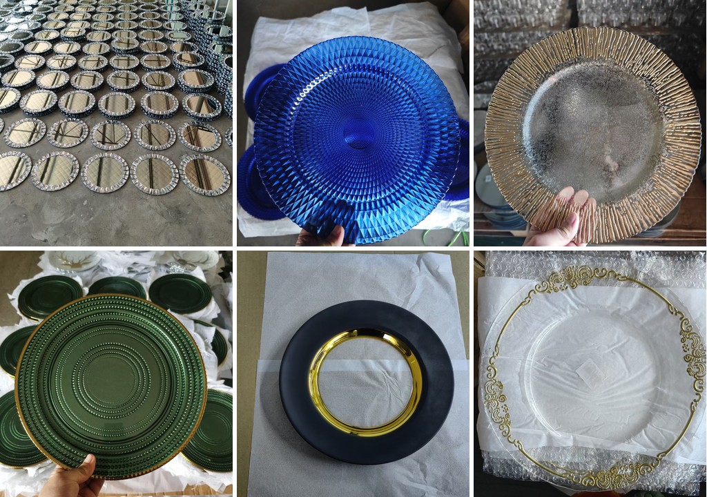 Glass charger plates styled on a wedding table