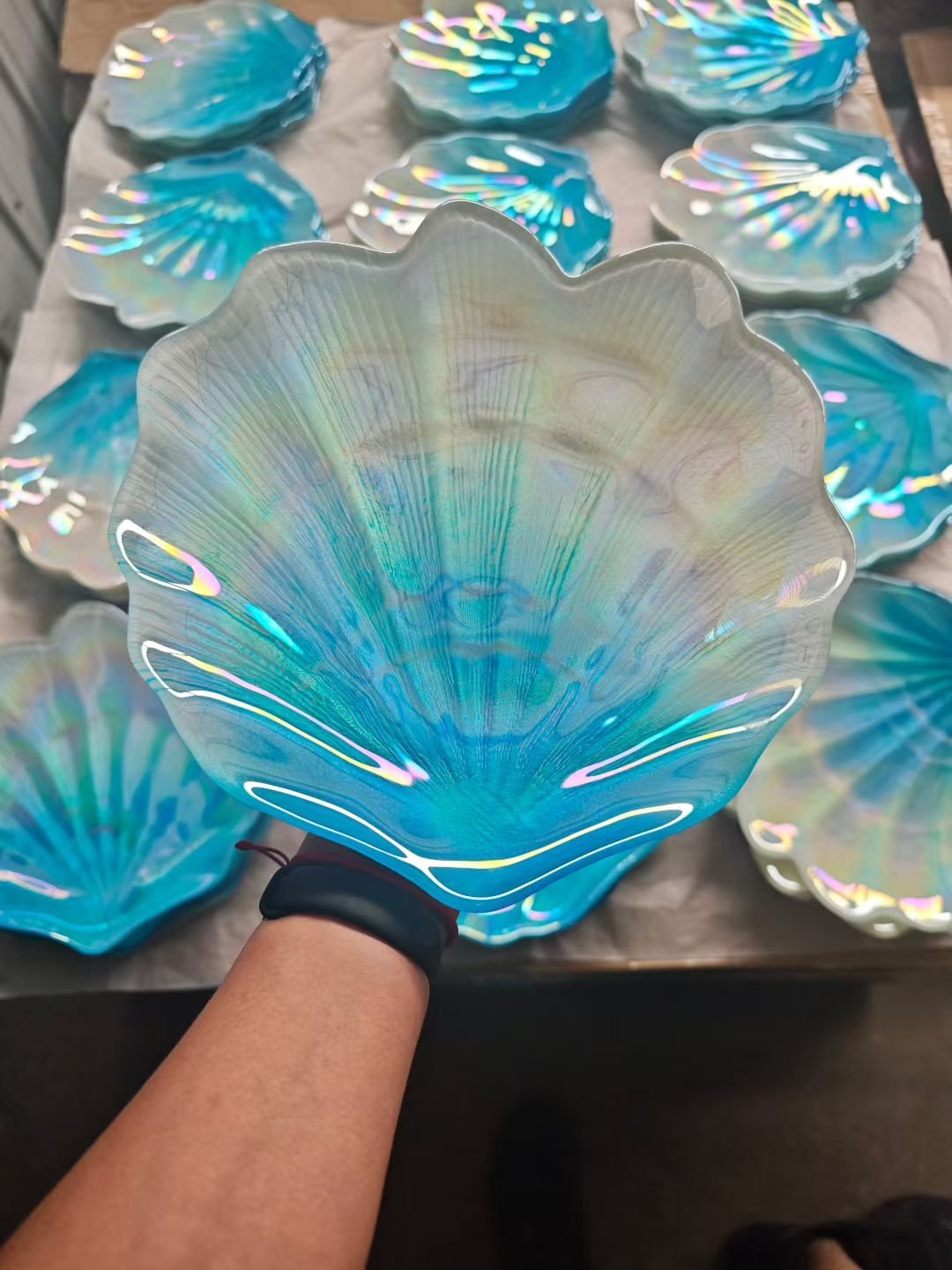 Handmade iridescent blue glass shell bowl, different sizes available