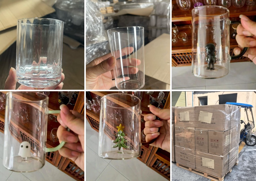 borosilicate glass and crystal glass - six factory photos in one collage