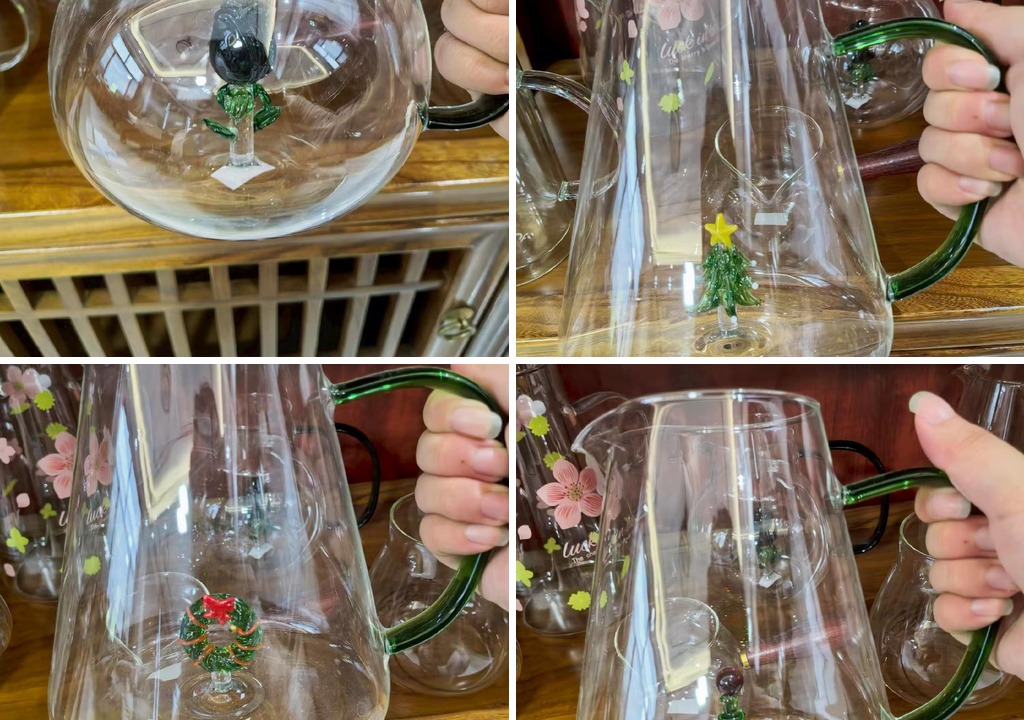 borosilicate glass pitcher - four fused figure designs in one factory collage