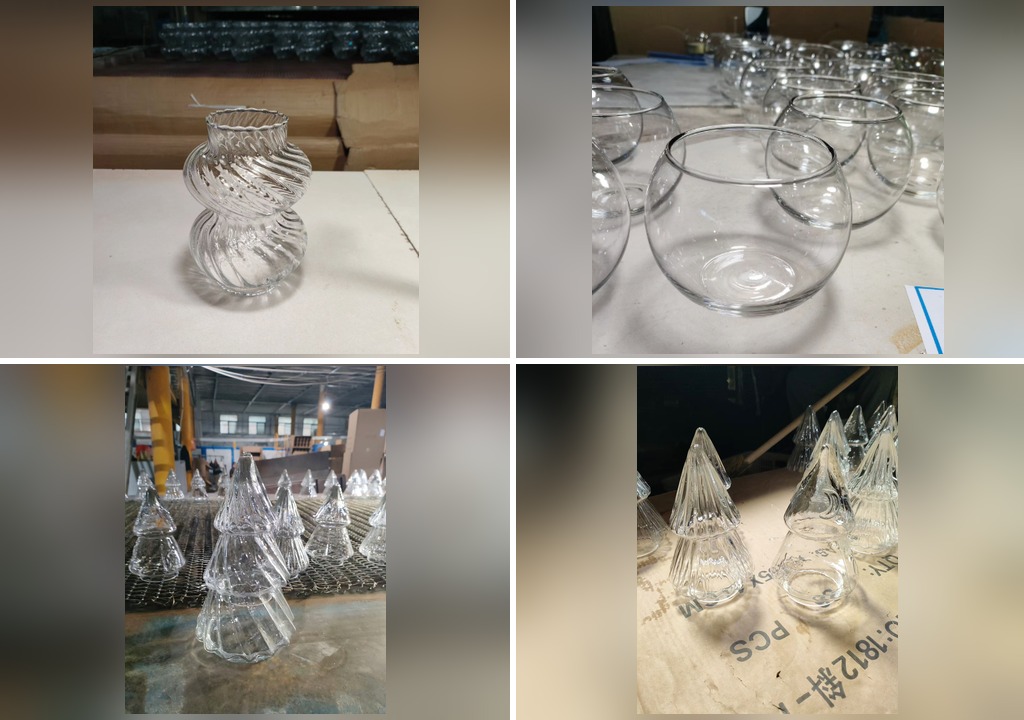 handmade glass decor collage — gourd vase, round vase and glass Christmas tree