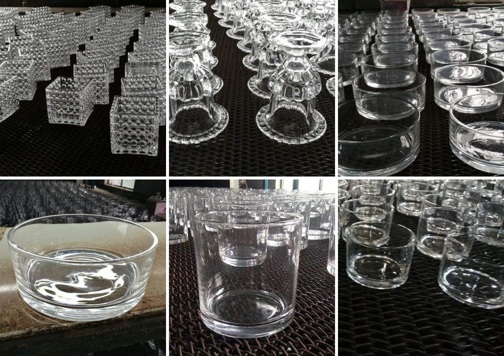 glass vase manufacturer - collage of glass vases in production, six shapes on the factory floor