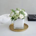 Wholesale square glass vase HP-194-2 wholesale photo - white liner square glass vase with artificial flowers on a brass tray