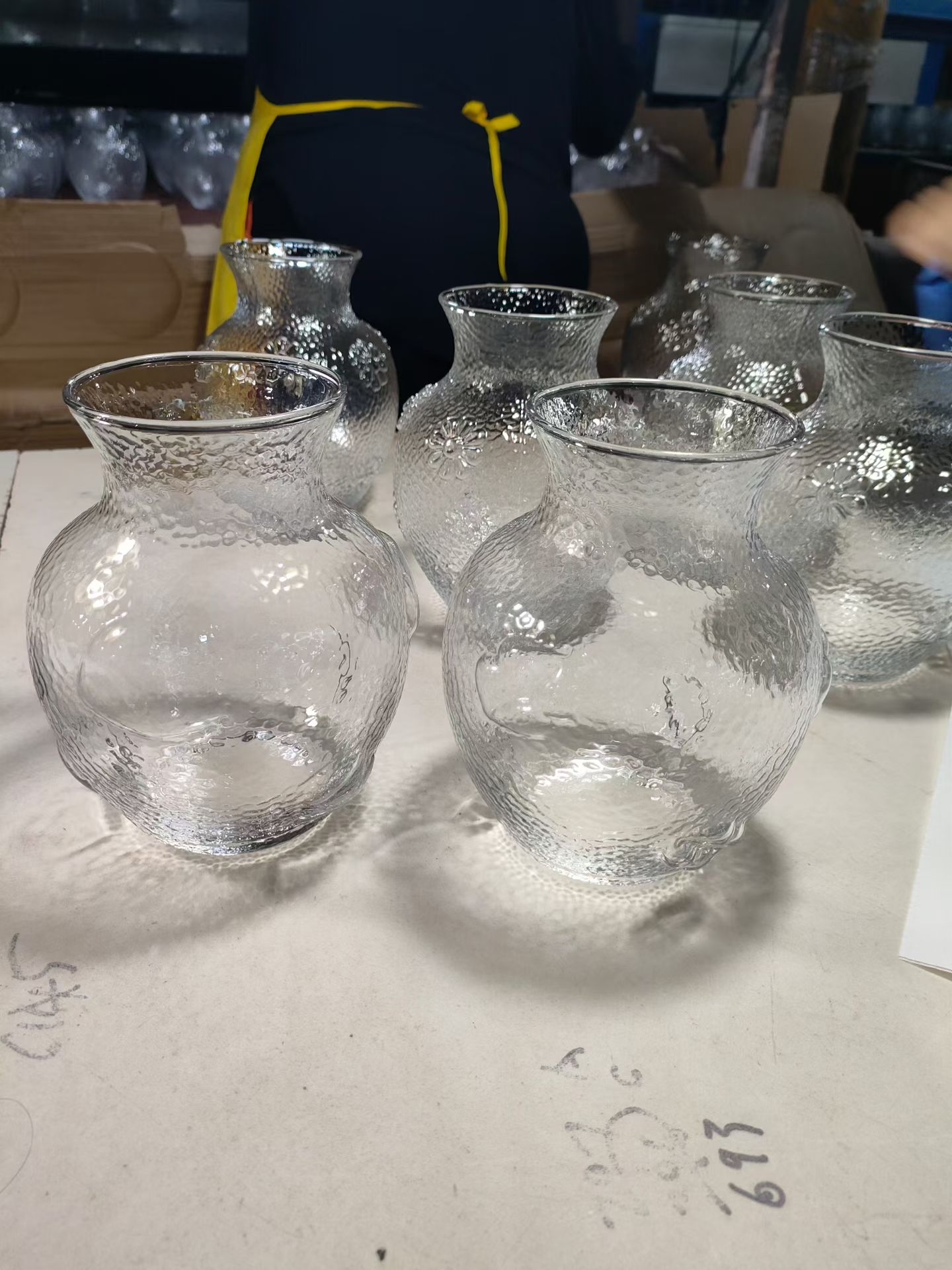 wholesale glass vases - hammered texture batch lined up for inspection
